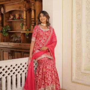 Pink Faux Blooming Sequins Embroidered Sharara Set with Matching Dupatta ? Festive & Party Wear 2024