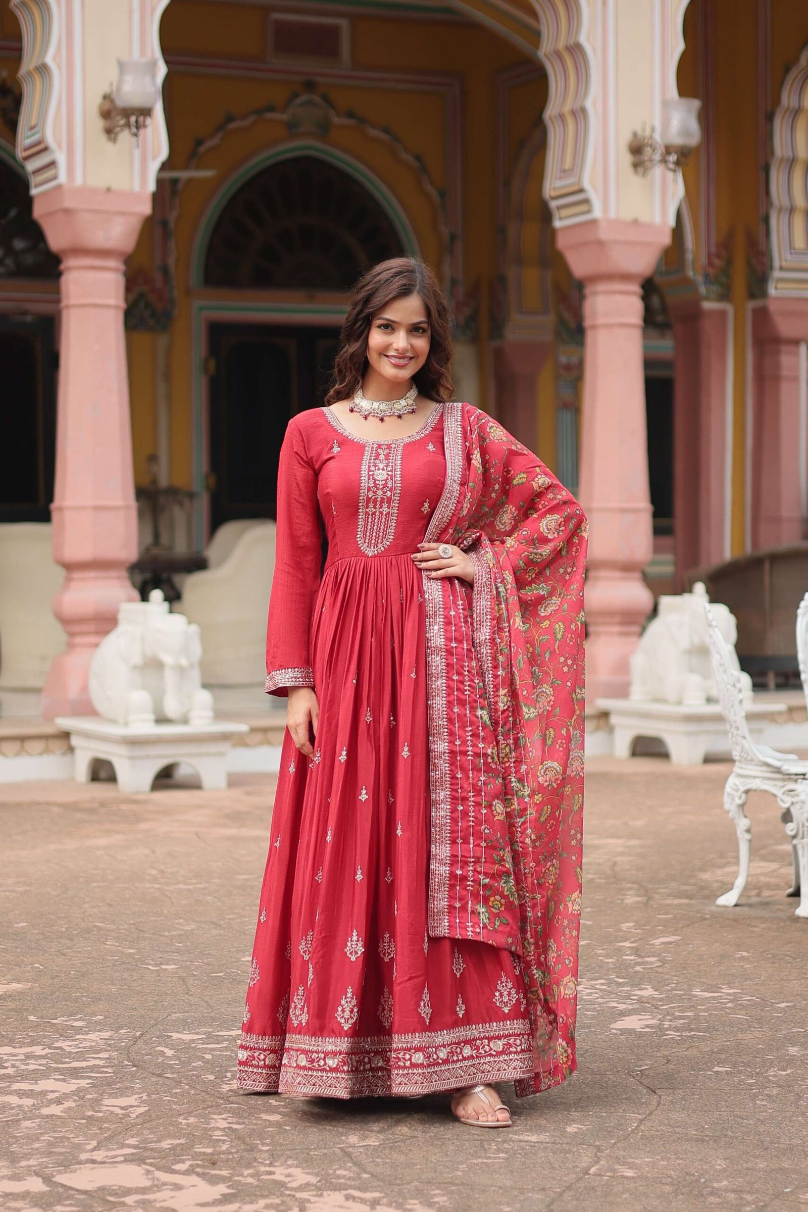 Maroon Designer Chinon Sequins Embroidered Gown with Kalamkari Silk Dupatta - Image 2