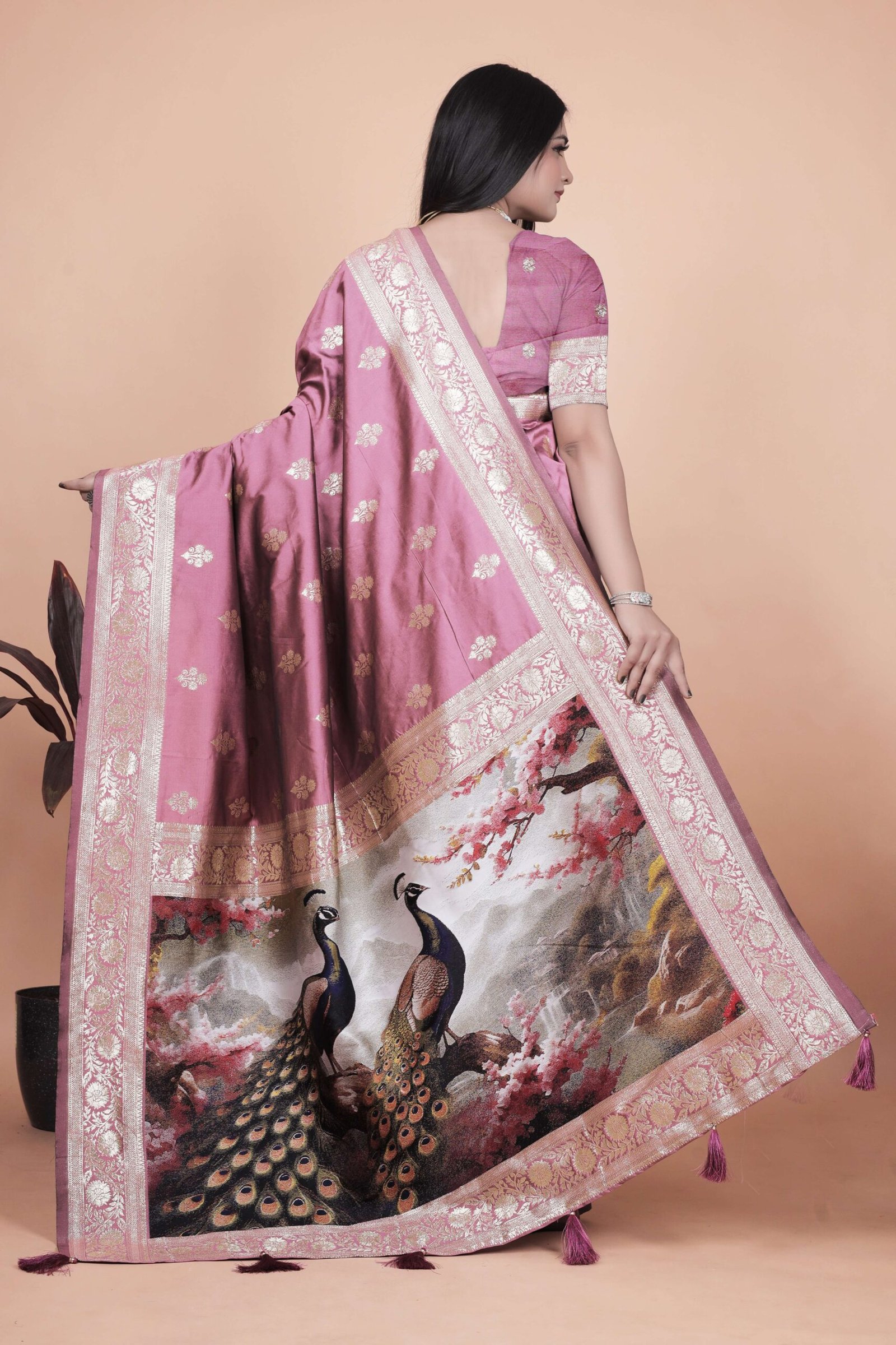 Rosewood Pink Banarasi Silk Saree with Golden Zari & Peacock Pallu | Wedding, Festive & Traditional Wear - Image 4