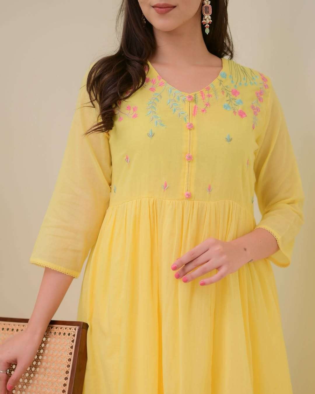Women's Cotton Embroidered Anarkali Kurti With Pant and Dupatta set - Image 2