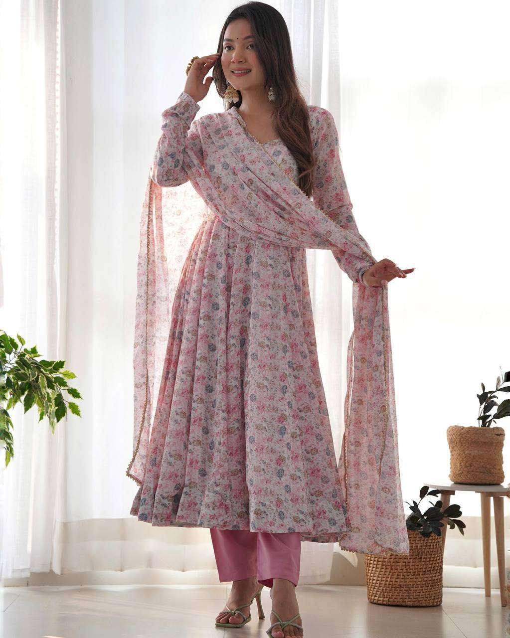 Womens Crunchy Silk Anarkali Kurti with Pant & Dupatta Set - Image 6