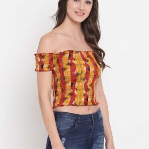 Women's Rayon Printed Off-Shoulder Smocked Crop Top Short Sleeve Casual Styles Tank Top (FREE SIZE) Multi39