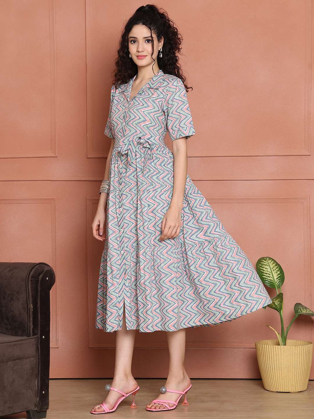 Women's Cotton Printed A-Line Midi Dress | Short Sleeve Flared Gown Dress (Grey)